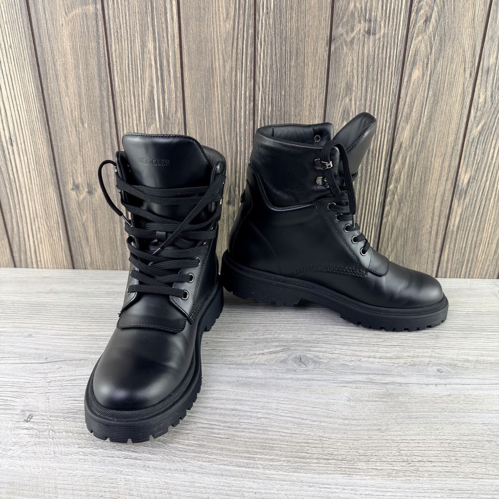 Moncler Patty Black Leather Combat Boots Women's EU 37.5 Made in Italy